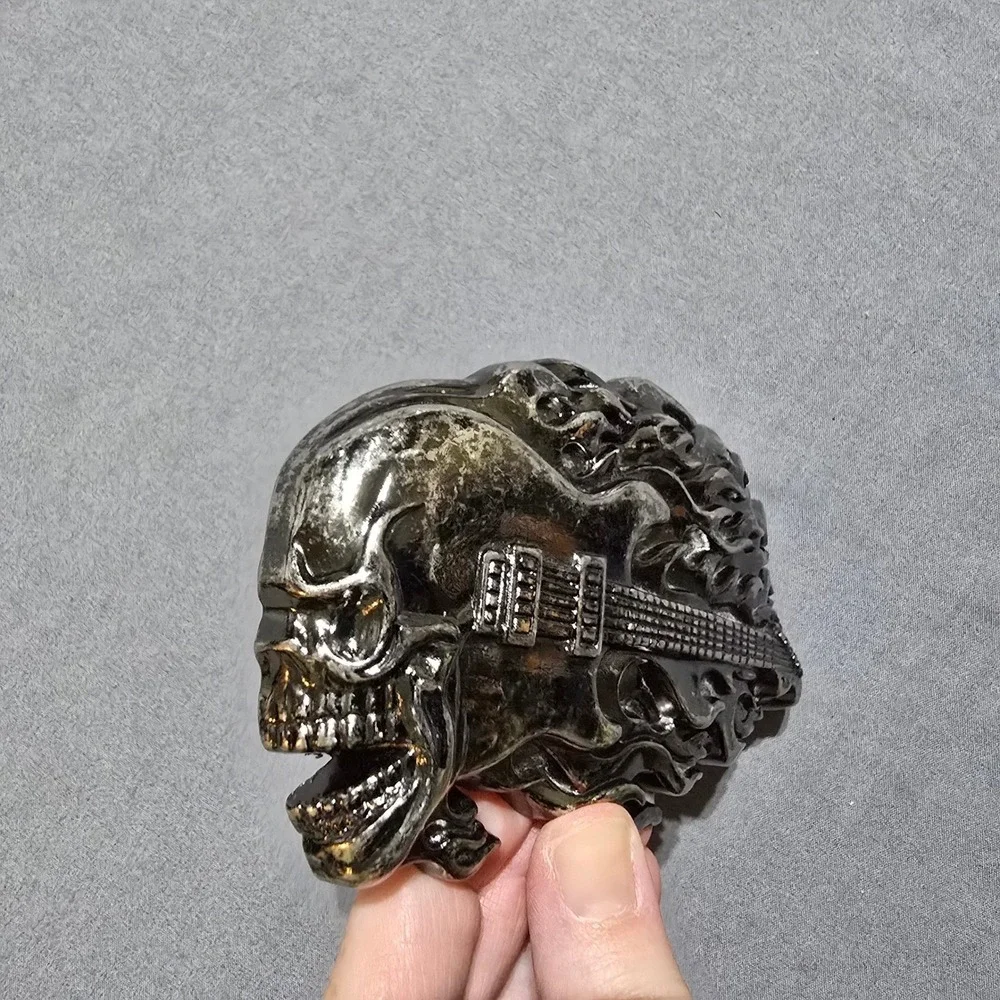 Guitar Skull Flame Belt Buckle Mens  Gunmetal Silver Rocker Biker Punk vintage